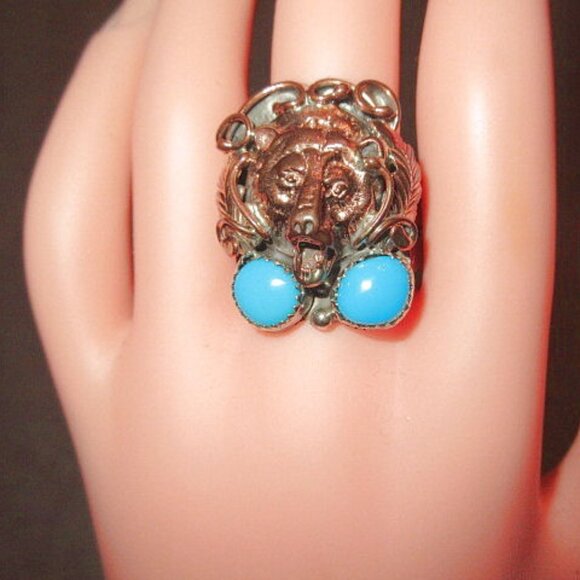 Navajo Sterling Silver Turquoise Copper Bear Ring Sz 10 Native American RB 16g